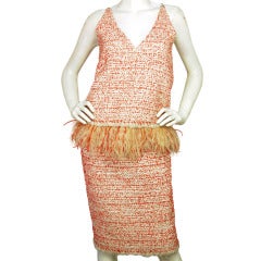 CHANEL NWT Red/White Tweed Top & Skirt W. Feathers RT. $7365