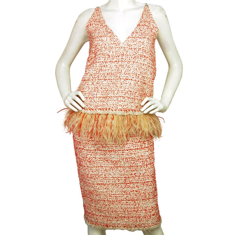CHANEL NWT Red/White Tweed Top 
Skirt W. Feathers RT. $7365