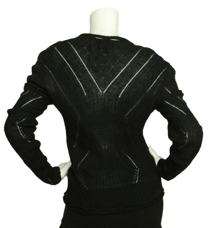 CHANEL Black Cardigan Sweater W. Ribbed & Cutout Details Sz. 10 In Excellent Condition In New York, NY