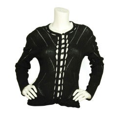 CHANEL Black Cardigan Sweater W. Ribbed & Cutout Details Sz. 10