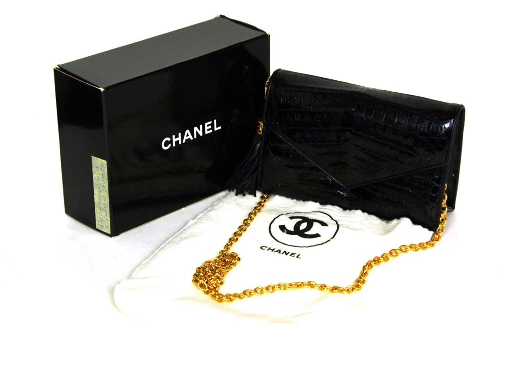 CHANEL Black Crocodile 1980s Mini Evening Bag W. Tassel 5