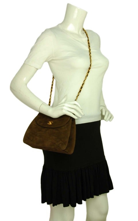 CHANEL Brown Suede Quilted Flap Bag W. Gold Chain Strap c. 1980s 6