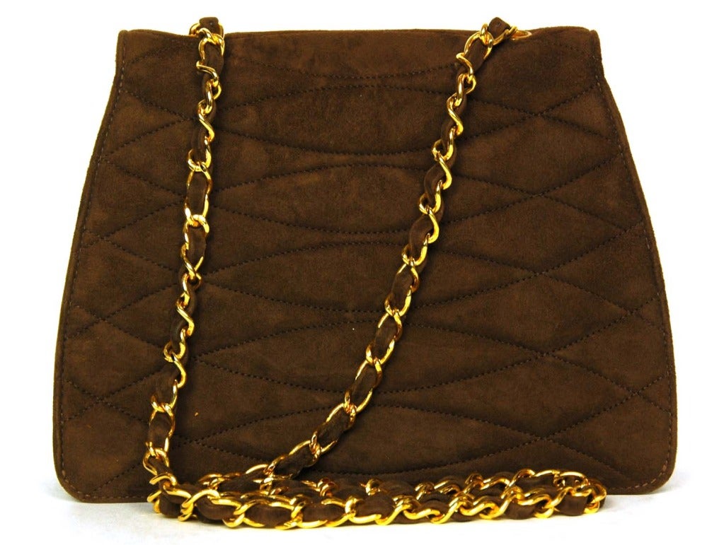 Women's CHANEL Brown Suede Quilted Flap Bag W. Gold Chain Strap c. 1980s