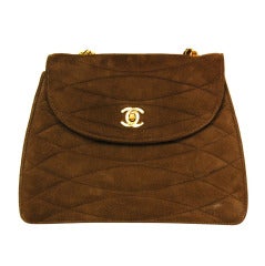 Vintage CHANEL Brown Suede Quilted Flap Bag W. Gold Chain Strap c. 1980s