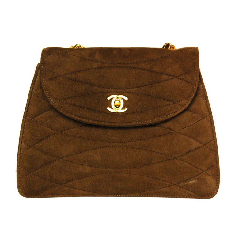 CHANEL Brown Suede Quilted Flap Bag W. Gold Chain Strap c. 1980s