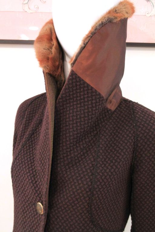 LOUIS VUITTON BROWN WOOL TWEED COAT W/ SQUIRREL FUR COLLAR SZ 36 4