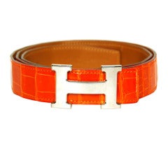 HERMES Orange Porosus Crocodile 'Constance' Belt W. Silver H Sz. 95 c ...