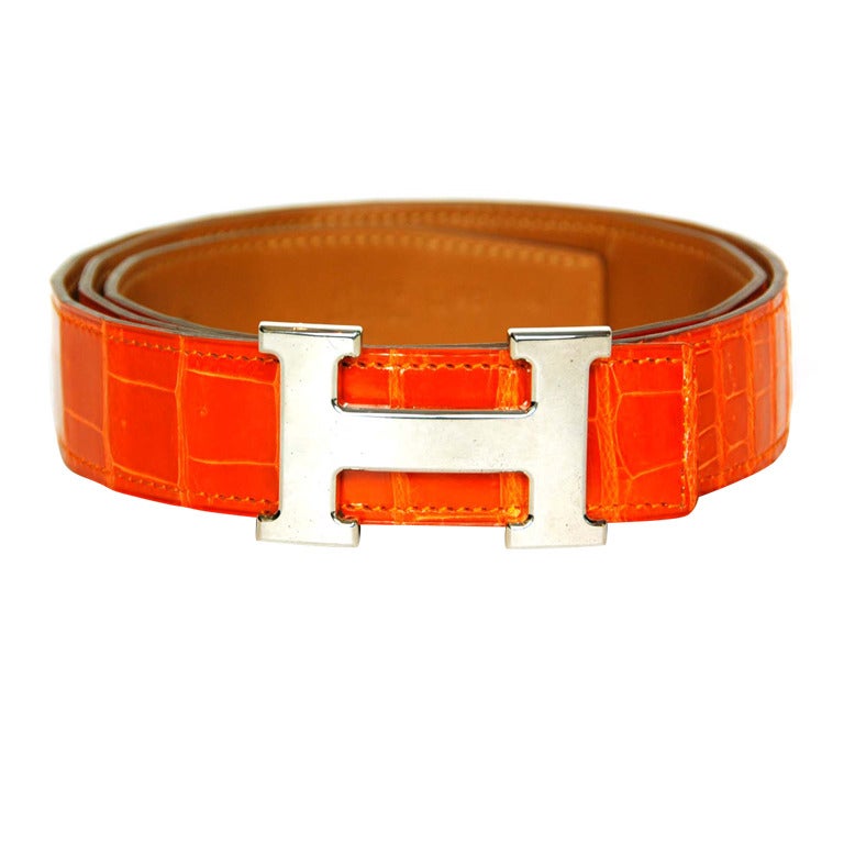 HERMES Orange Porosus Crocodile 
Constance
 Belt W. Silver H Sz. 95 c. 2005