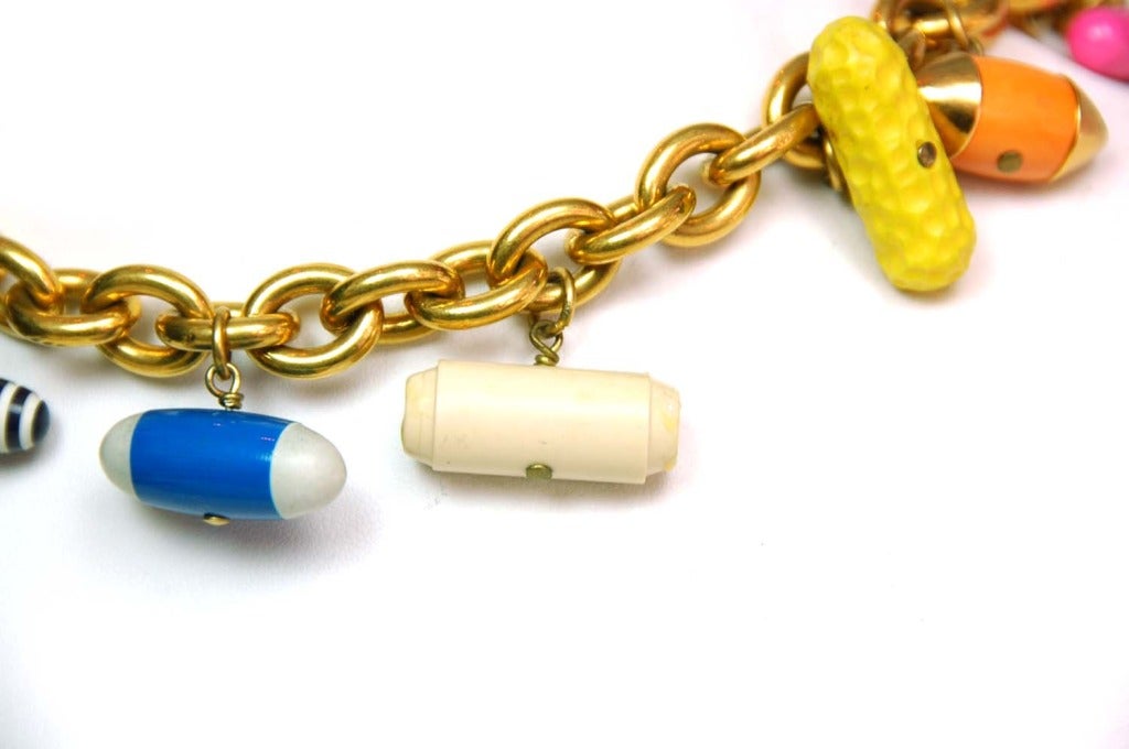 CHANEL Goldtone Chain Necklace W. Multicolor Pill Charms c. 1988 In Good Condition In New York, NY