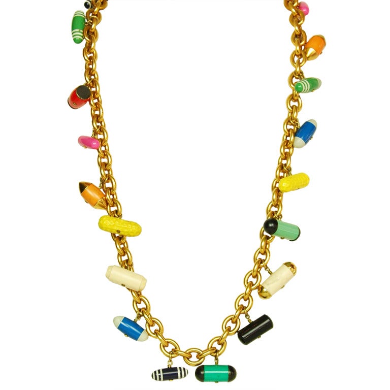 CHANEL Goldtone Chain Necklace W. Multicolor Pill Charms c. 1988
