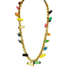 CHANEL Goldtone Chain Necklace W. Multicolor Pill Charms c. 1988