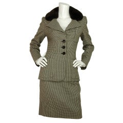 VALENTINO Brown & Cream Houndstooth Jacket W. Fur Trim & Skirt Sz. 6