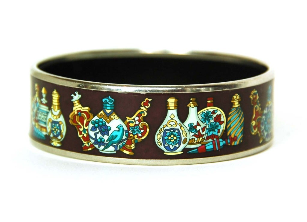 HERMES Burgundy, Blue & Red Enamel Bangle W. Perfume Bottle Design sz.70 RT. $550 In Excellent Condition In New York, NY