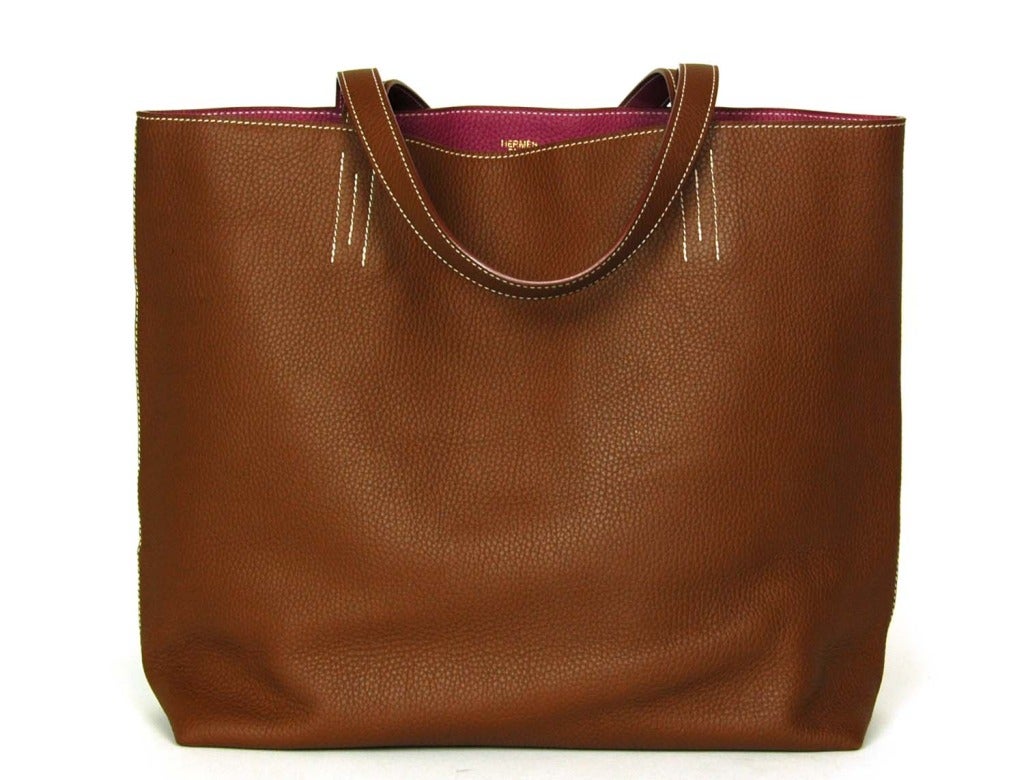 HERMES Pink Tosca and Brown 'Double Sens' Leather Reversible Tote ...
