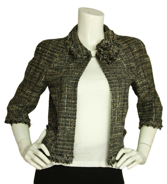 CHANEL Grey & Brown Metallic Tweed 3/4 Sleeve Jacket W. Flower Pin sz. 38