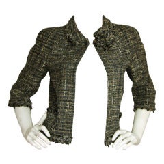 CHANEL Grey & Brown Metallic Tweed 3/4 Sleeve Jacket W. Flower Pin sz. 38