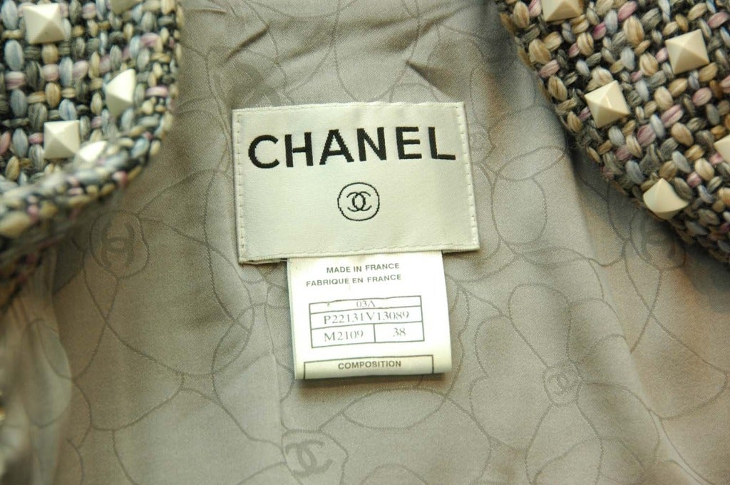 Women's CHANEL Black, Pink & Blue Tweed Jacket W. White Pyramid Studs Sz. 38 c. 2003