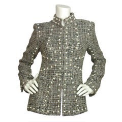 CHANEL Black, Pink & Blue Tweed Jacket W. White Pyramid Studs Sz. 38 c. 2003