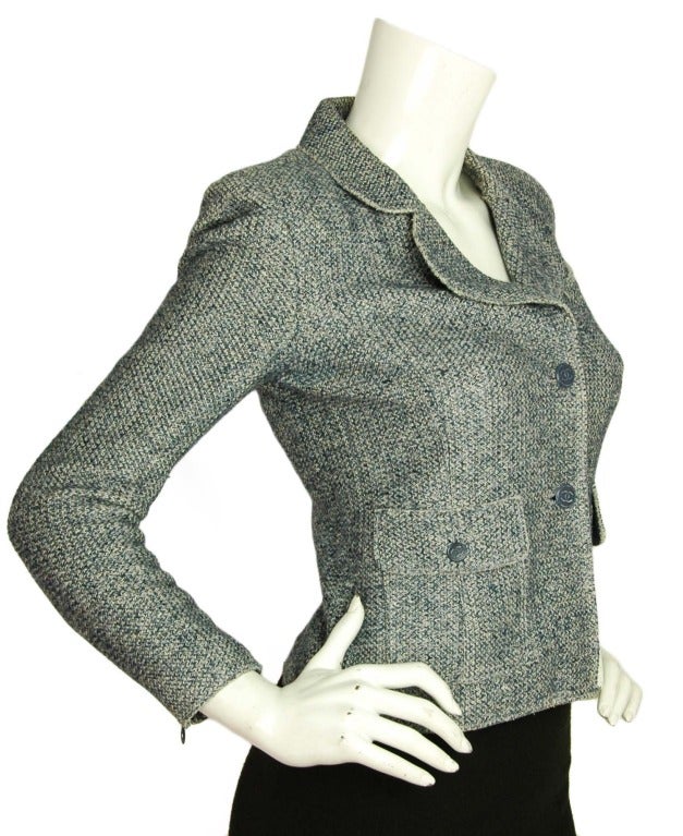 CHANEL Blue & White Cropped Tweed Jacket W. Zippered Sleeves Sz. 38