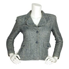 CHANEL Blue & White Cropped Tweed Jacket W. Zippered Sleeves Sz. 38