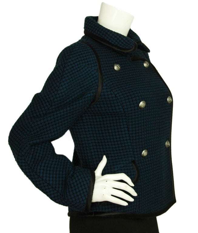 CHANEL Blue & Black Tweed Double Breasted Tweed Jacket W. Lion Buttons Sz.40 c. 2008