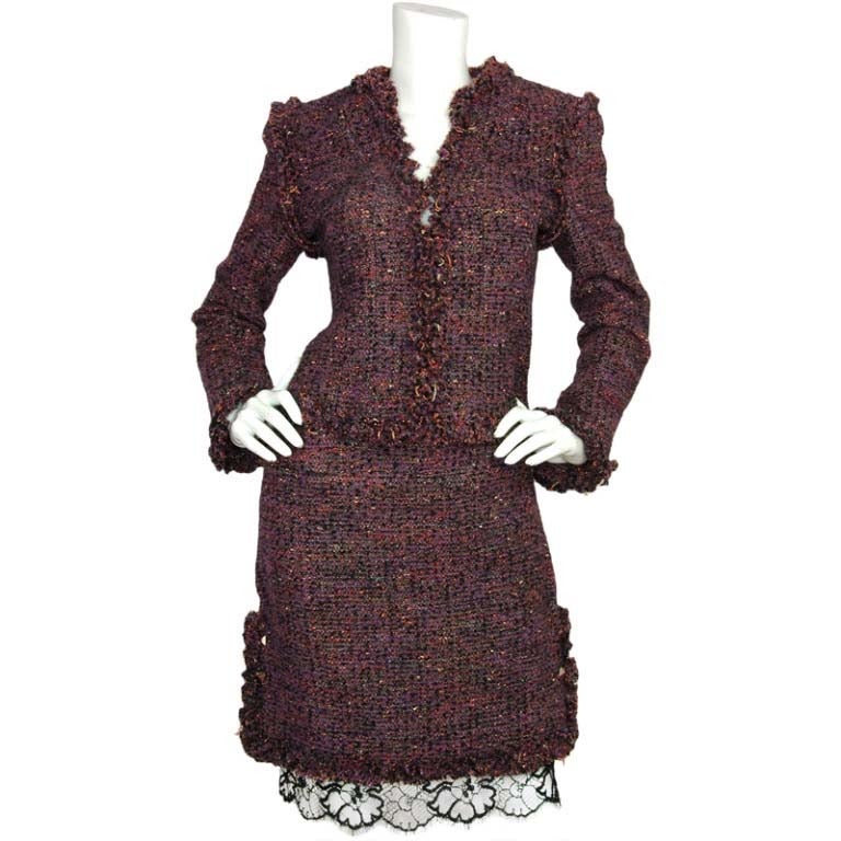 CHANEL Plum Tweed Skirt Suit With Fringes - Sz 8 (c. 2003) at 1stdibs