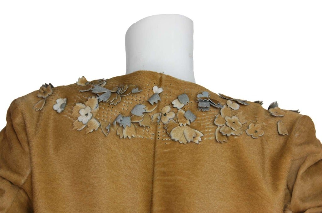Women's J. MENDEL Tan Ponyhair Coat W. Floral Applique & Perforated Detail Sz. Medium