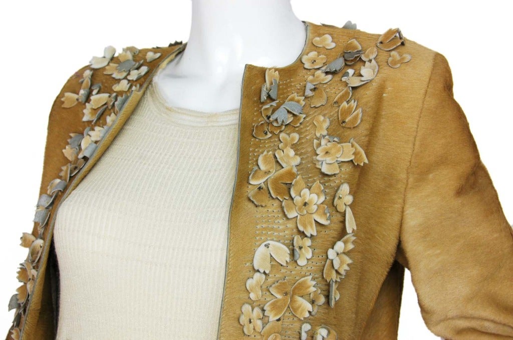 J. MENDEL Tan Ponyhair Coat W. Floral Applique & Perforated Detail Sz. Medium 1