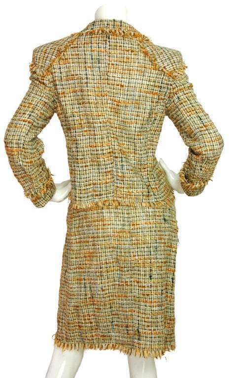 CHANEL Cream/Brown/Orange Tweed Skirt Suit With Fringe Trim - Sz 10 (c. 1998) In Excellent Condition In New York, NY
