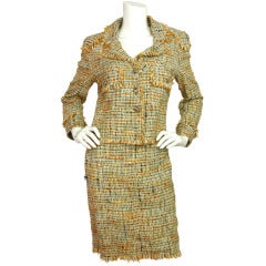 CHANEL Cream/Brown/Orange Tweed Skirt Suit With Fringe Trim - Sz 10 (c ...