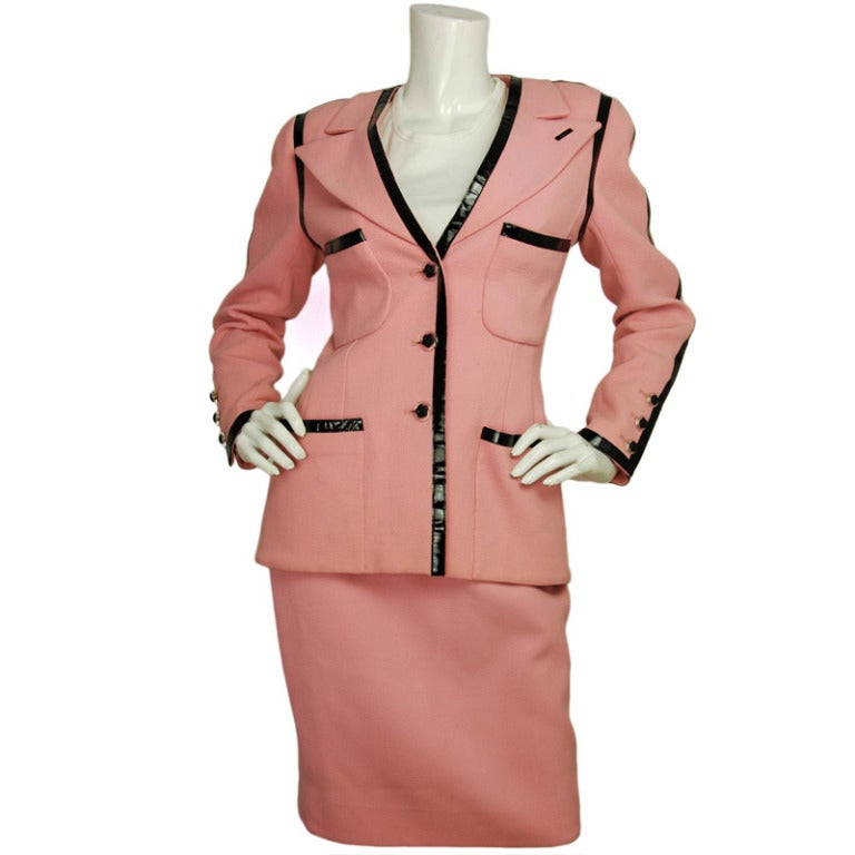 CHANEL Pink Wool Skirt Suit W. Black Patent Leather Piping Sz. 38 at 1stDibs