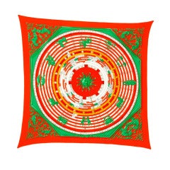 HERMES Orange and Green Zodiac Print Pleated Silk "Pleaty" Scarf