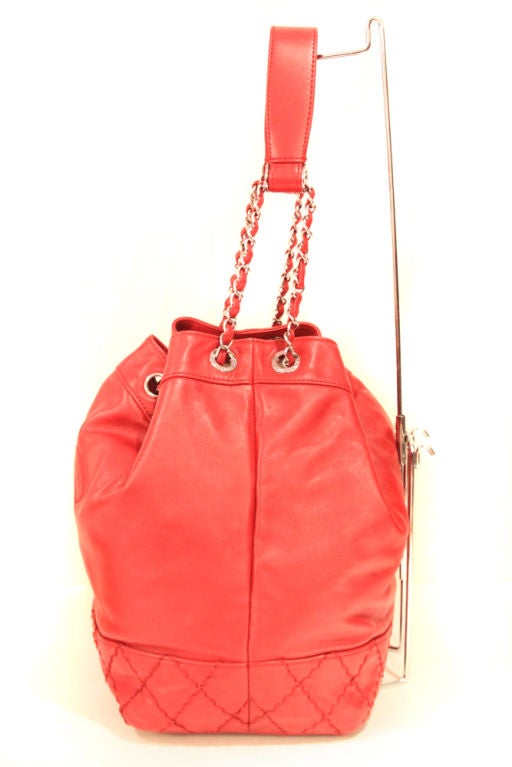 CHANEL RED LEATHER DRAWSTRING CHAIN BAG at 1stdibs