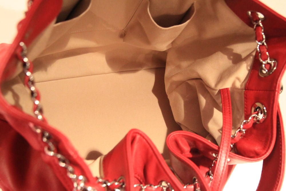 CHANEL RED LEATHER DRAWSTRING CHAIN BAG at 1stdibs
