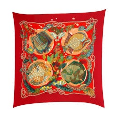 HERMES Red Accordion Fish Pattern Scarf