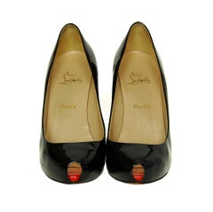 CHRISTIAN LOUBOUTIN Black Patent Leather Peeptoe Shoes - Sz 8.5