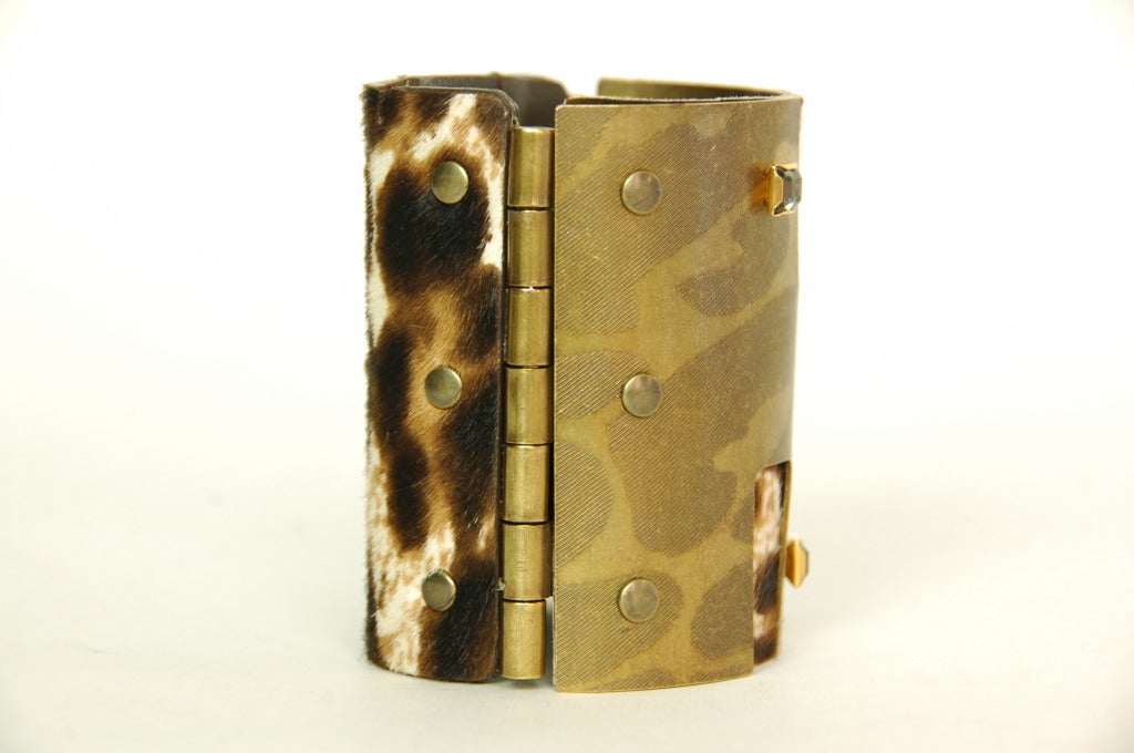 LANVIN Brown/Tan Leopard Cuff With Bronze And Stone Detail