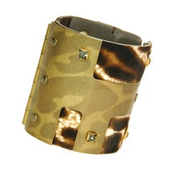 LANVIN Brown/Tan Leopard Cuff With Bronze And Stone Detail