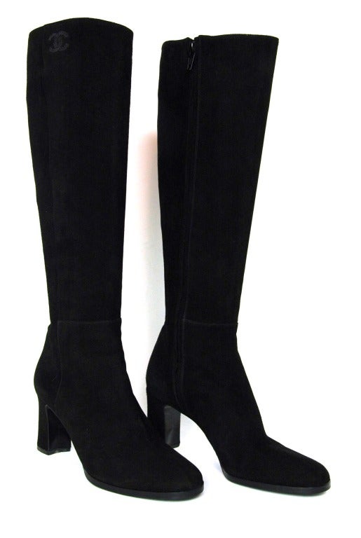 Women's CHANEL Black Suede Stacked Heel Boots - Sz 6.5