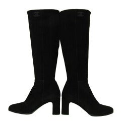 CHANEL Black Suede Stacked Heel Boots - Sz 6.5