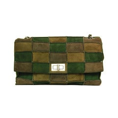 Retro CHANEL Green & Grey Checkered Suede Flap Bag W. Brushed Silver Hardware c. 1998