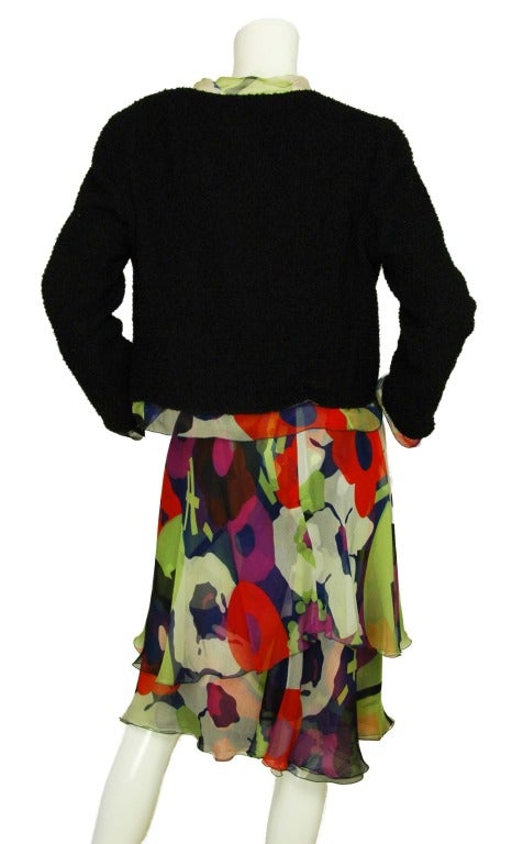 CHANEL Multicolor Floral Skirt W. Black Tweed Jacket W. Floral Lining Sz. 40 In Good Condition In New York, NY