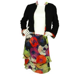 CHANEL Multicolor Floral Skirt W. Black Tweed Jacket W. Floral Lining Sz. 40