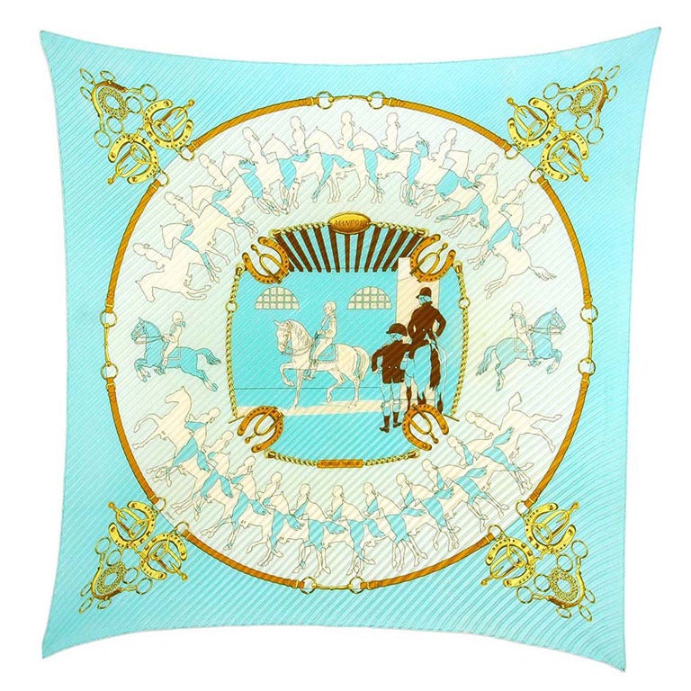 HERMES Turquoise Blue Silk 'Manege" Pleaty 90cm Scarf W. Men On Horses