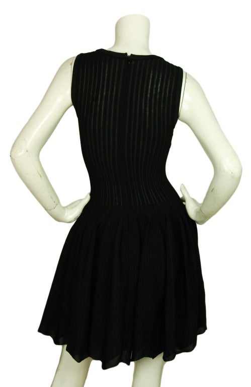 AZZEDINE ALAIA Black Sleeveless Pleated Stretchy Dress With Scalloped Edge Sz. 36 In Excellent Condition In New York, NY