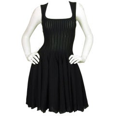 AZZEDINE ALAIA Black Sleeveless Pleated Stretchy Dress With Scalloped Edge Sz. 36