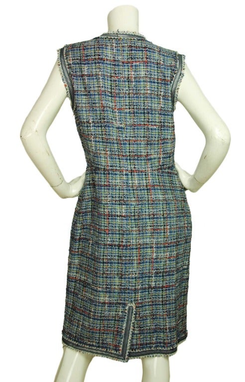 Gray CHANEL 2009 Sleeveless Blue Tweed Zip Front Dress Sz.42 rt.$4880