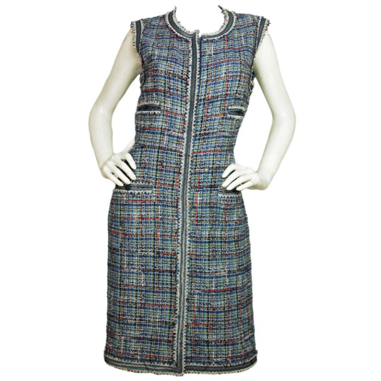 CHANEL 2009 Sleeveless Blue Tweed Zip Front Dress Sz.42 rt.$4880