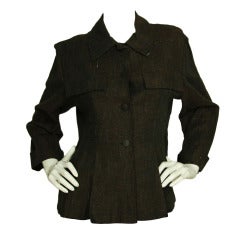 CHANEL Brown Linen Button Down Jacket W. Chest Pockets & Pleated Waist Sz. 40 c. 2000