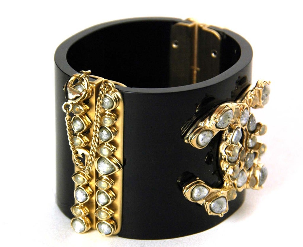 CHANEL Black Resin Clamper Cuff With Poured Glass Stones RT. $2060 c. 2012 In Excellent Condition In New York, NY